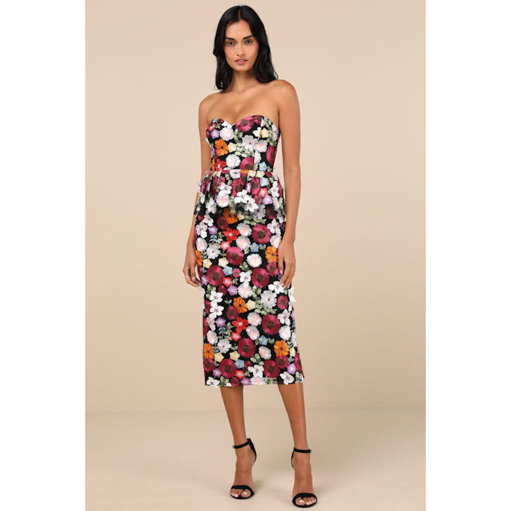 Fabulous Display Black Multi 3D Floral Strapless Midi Dress